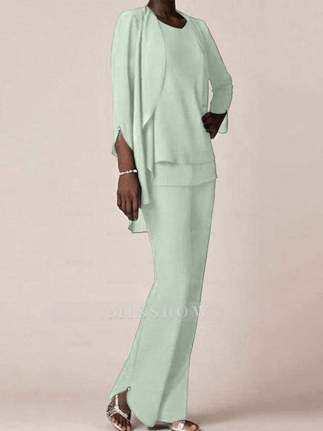 Floor-Length V-Neck Chiffon Pantsuit with Ruffles for the Mother of the Bride