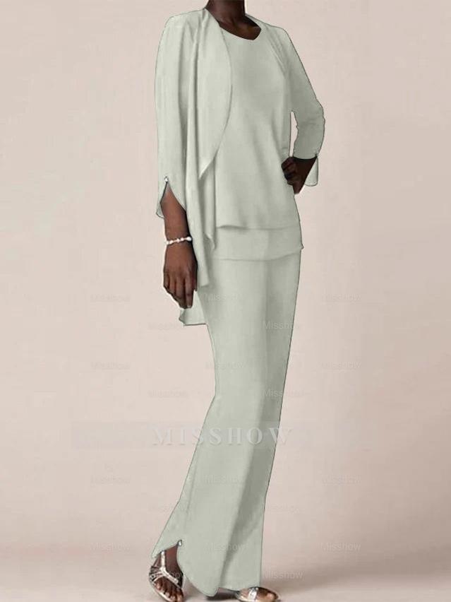 Floor-Length V-Neck Chiffon Pantsuit with Ruffles for the Mother of the Bride
