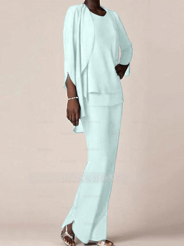 Floor-Length V-Neck Chiffon Pantsuit with Ruffles for the Mother of the Bride