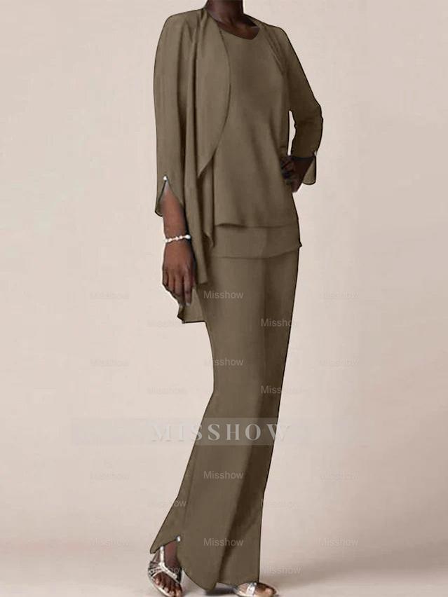 Floor-Length V-Neck Chiffon Pantsuit with Ruffles for the Mother of the Bride