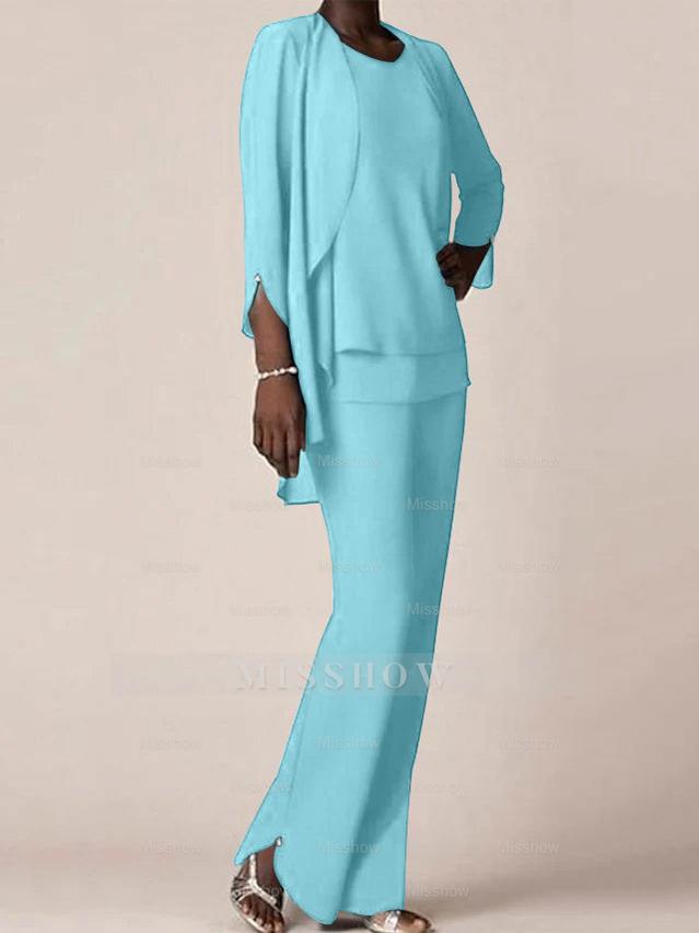Floor-Length V-Neck Chiffon Pantsuit with Ruffles for the Mother of the Bride