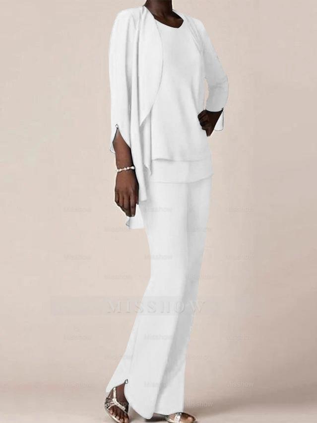 Floor-Length V-Neck Chiffon Pantsuit with Ruffles for the Mother of the Bride