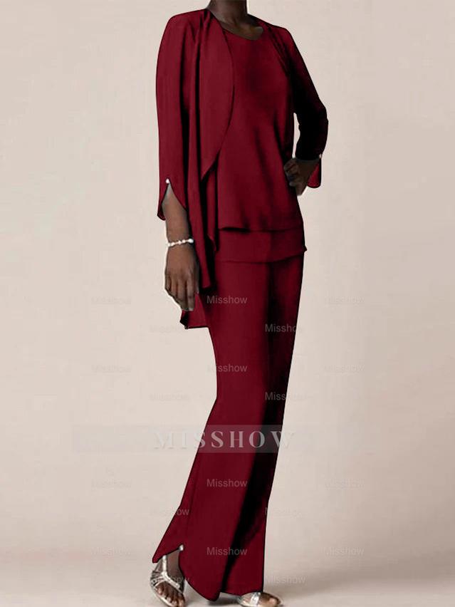 Floor-Length V-Neck Chiffon Pantsuit with Ruffles for the Mother of the Bride