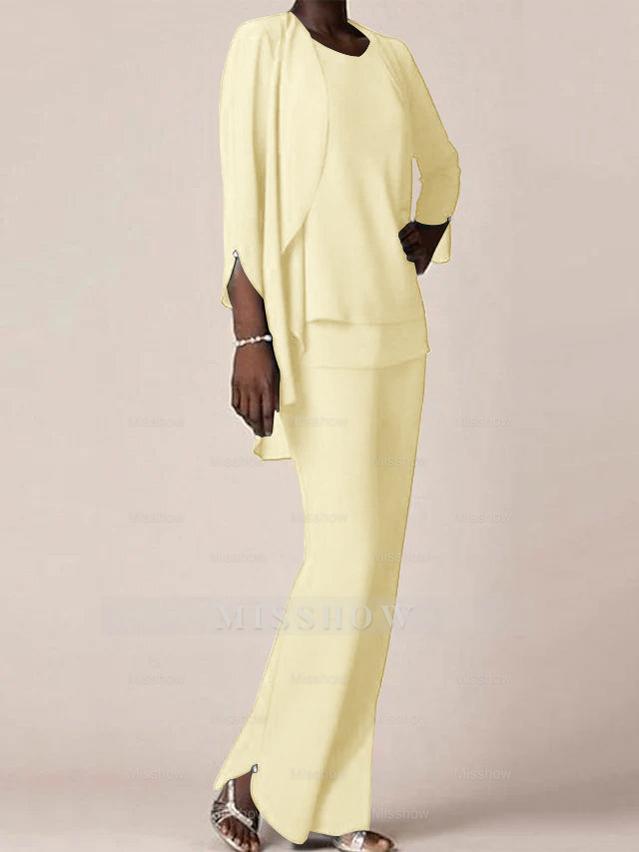 Floor-Length V-Neck Chiffon Pantsuit with Ruffles for the Mother of the Bride