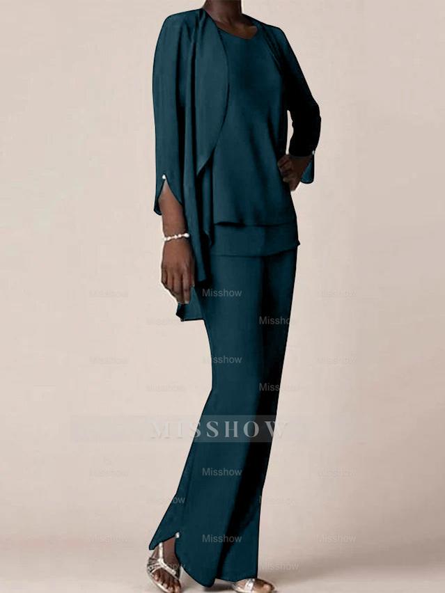Floor-Length V-Neck Chiffon Pantsuit with Ruffles for the Mother of the Bride