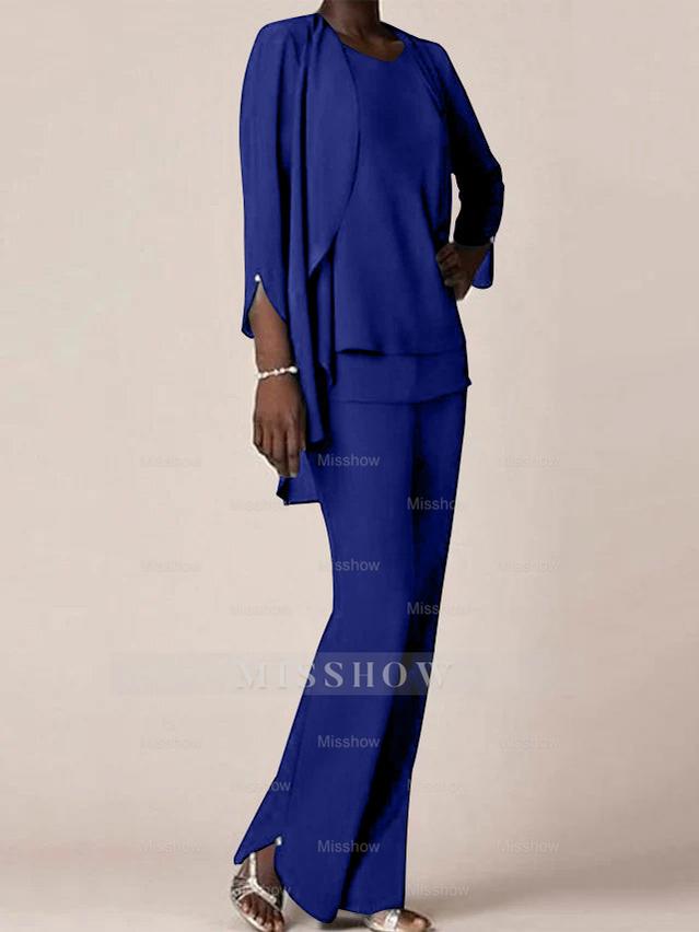 Floor-Length V-Neck Chiffon Pantsuit with Ruffles for the Mother of the Bride