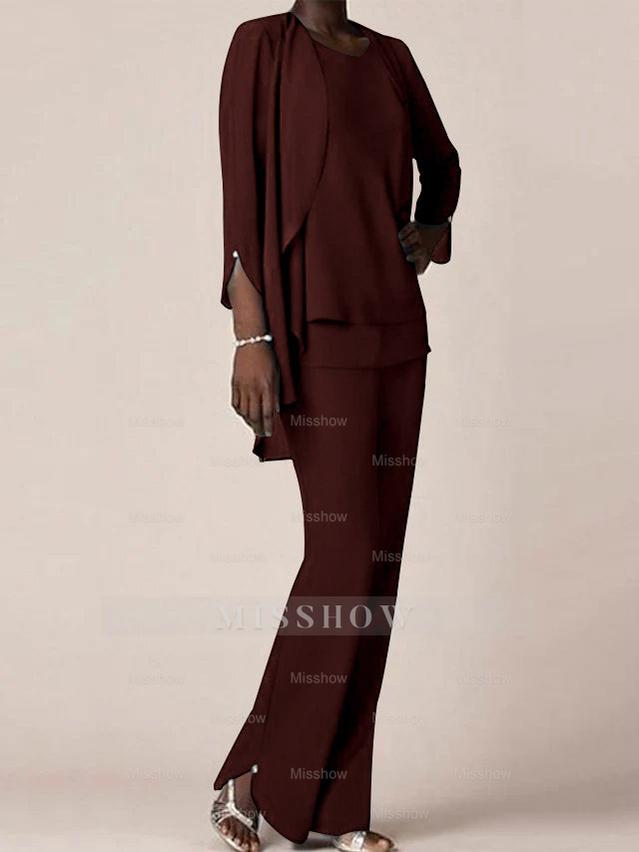 Floor-Length V-Neck Chiffon Pantsuit with Ruffles for the Mother of the Bride