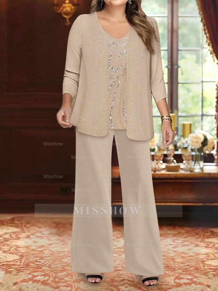 Floor-Length V-Neck Chiffon Pantsuits with Jacket & Sequins for the Mother of the Bride