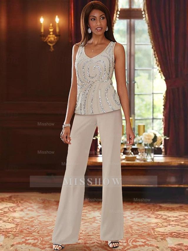 Floor-Length V-Neck Chiffon Pantsuits with Jacket & Sequins for the Mother of the Bride