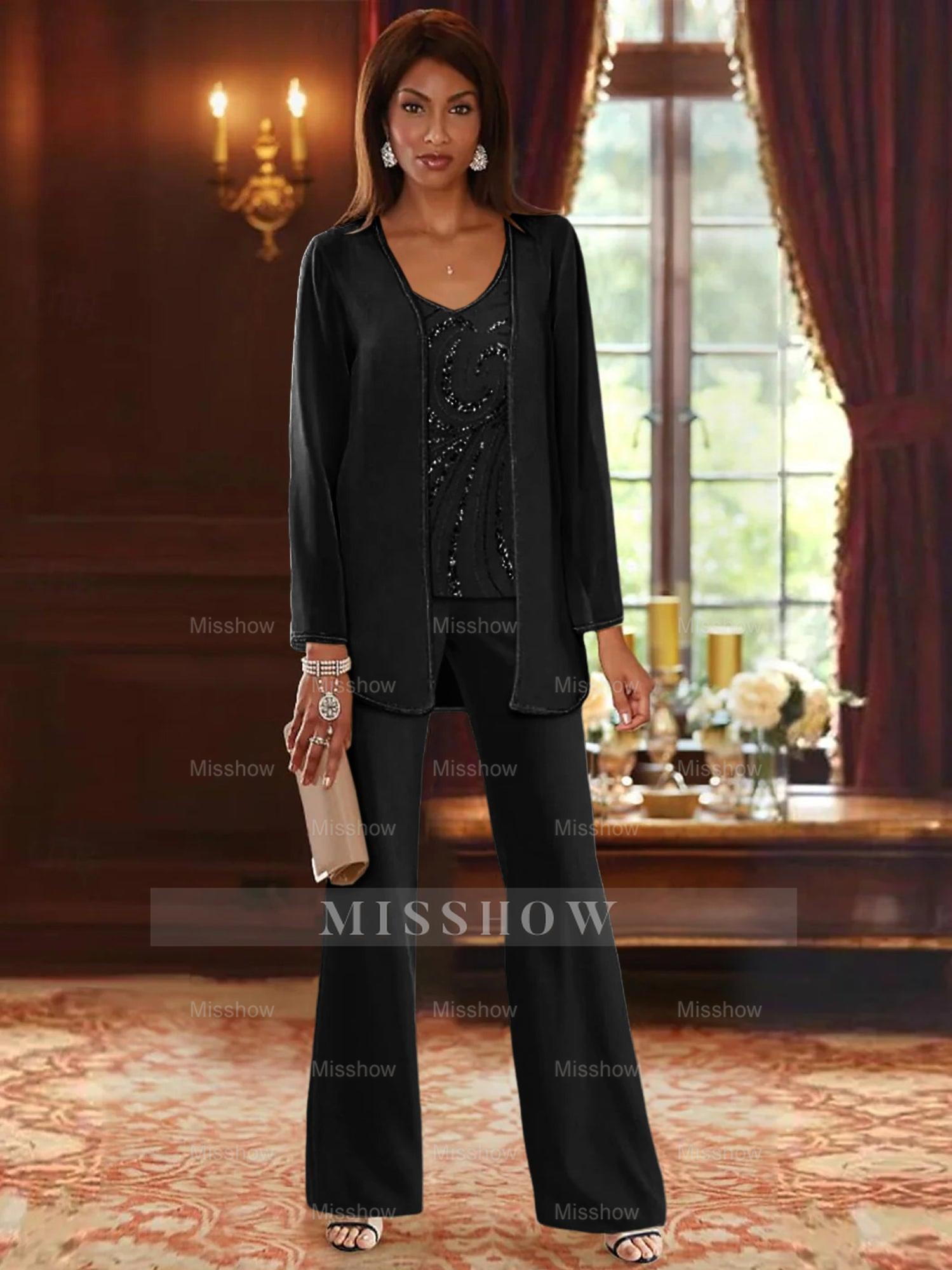 Floor-Length V-Neck Chiffon Pantsuits with Jacket & Sequins for the Mother of the Bride