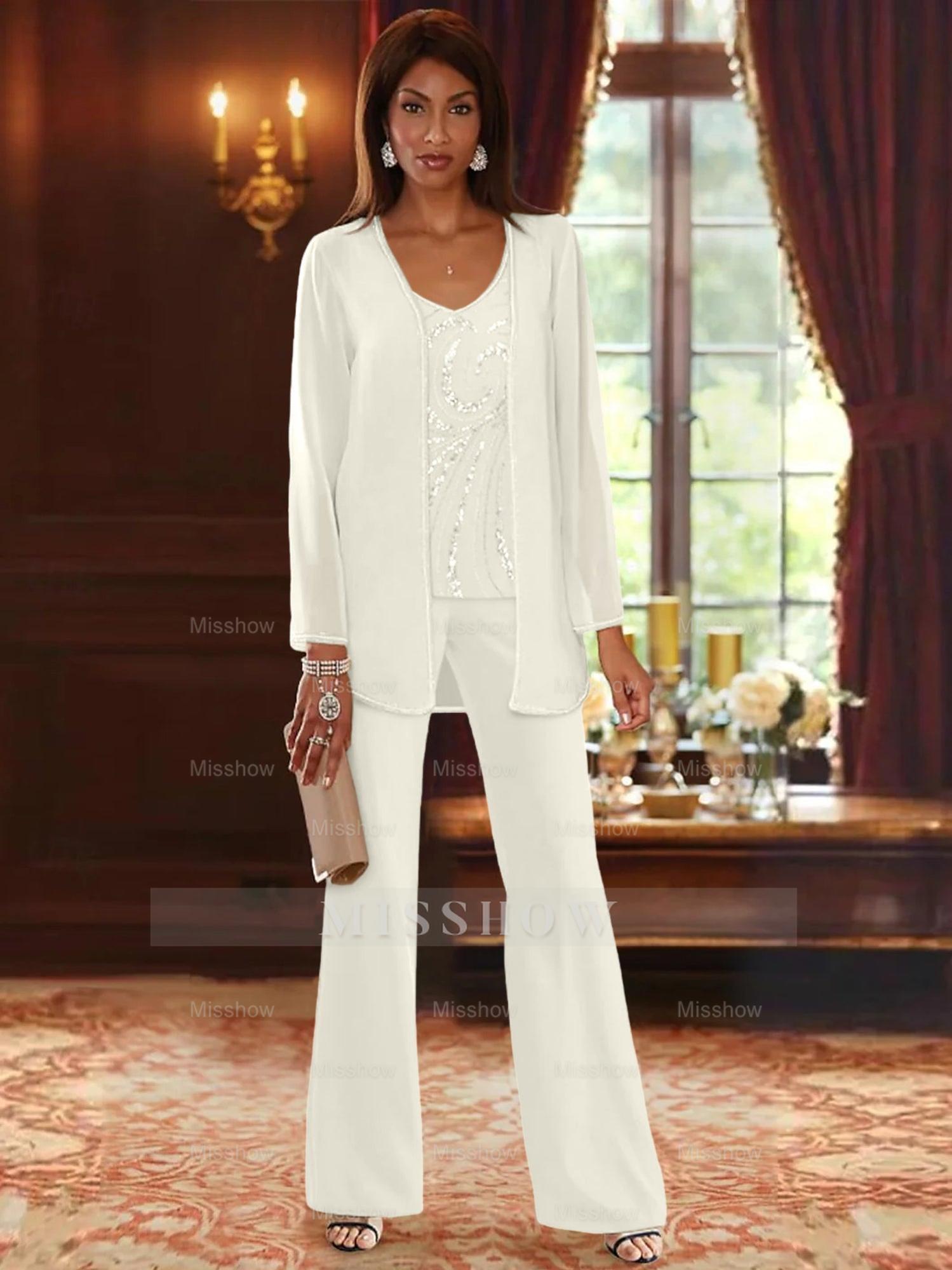 Floor-Length V-Neck Chiffon Pantsuits with Jacket & Sequins for the Mother of the Bride