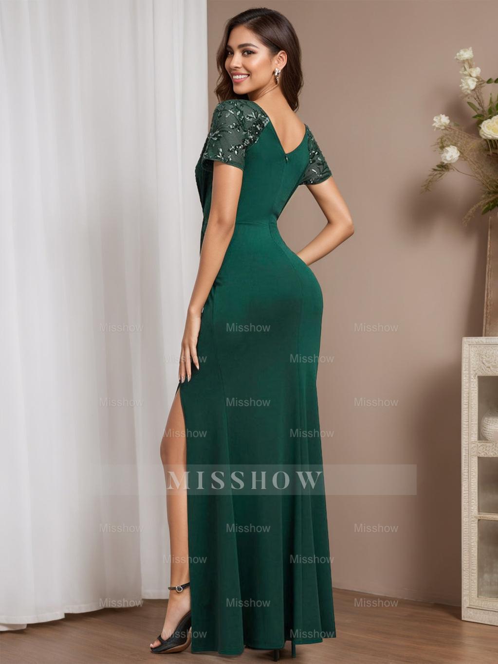 Floor-Length V-Neck Column Dress with Slit Side for Mothers of the Bride & Groom