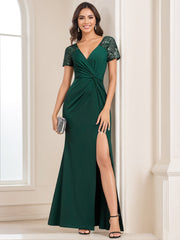 Floor-Length V-Neck Column Dress with Slit Side for Mothers of the Bride & Groom