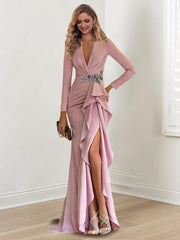 Floor-Length V-Neck Long Sleeve Sheath Dress with Crepe Beading for the Mother of the Bride