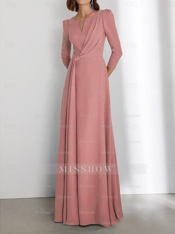 Floor-Length V-Neck Wedding Guest Dress with 3/4 Sleeves and Criss-Cross Ruching