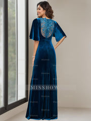Floor-Length Velvet Mother of the Bride Dress with Scoop Neck Half Sleeves and Beaded Appliques & Sequins