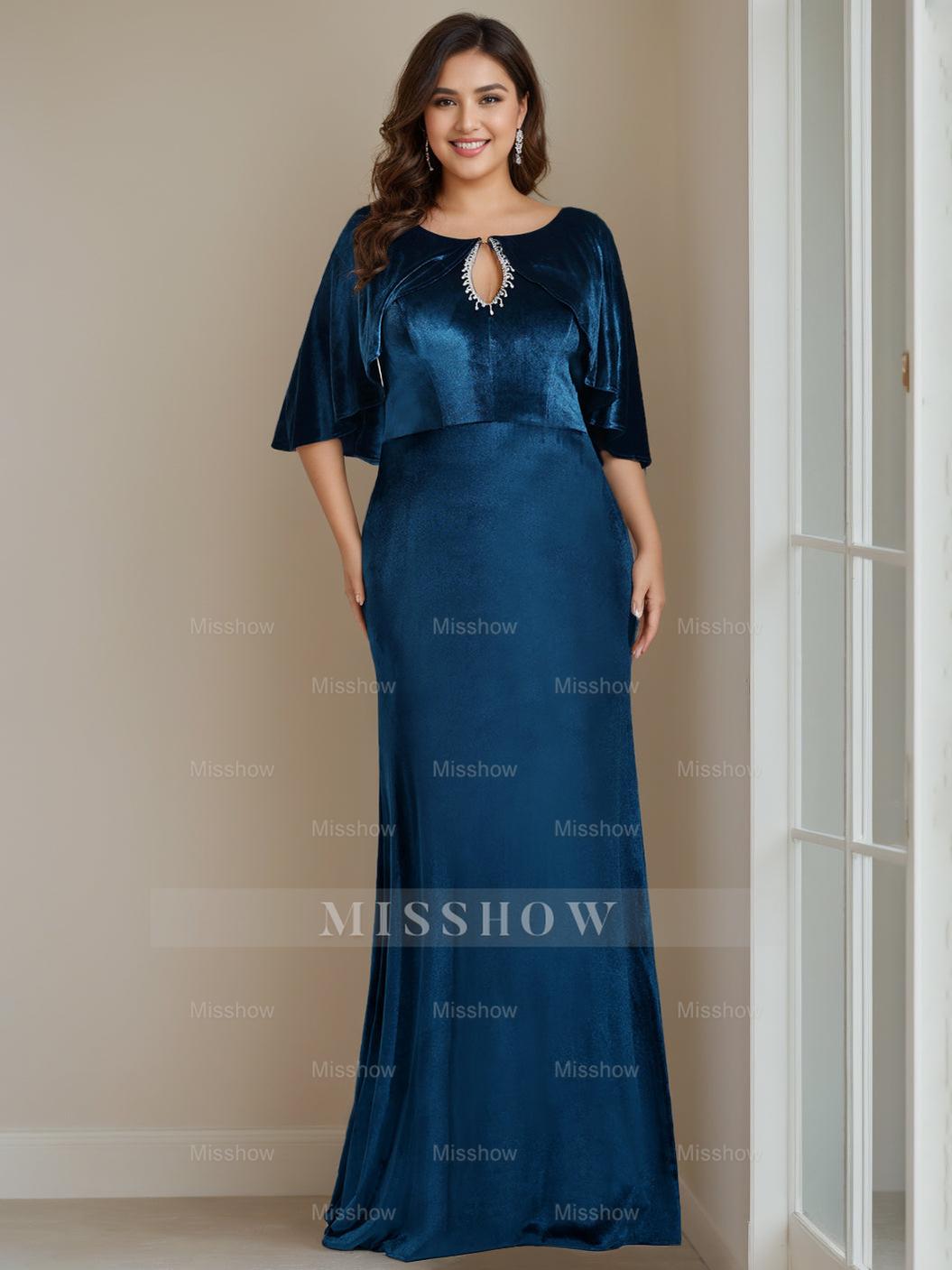 Floor-Length Velvet Mother of the Bride Dress with Scoop Neck Half Sleeves and Beaded Appliques & Sequins