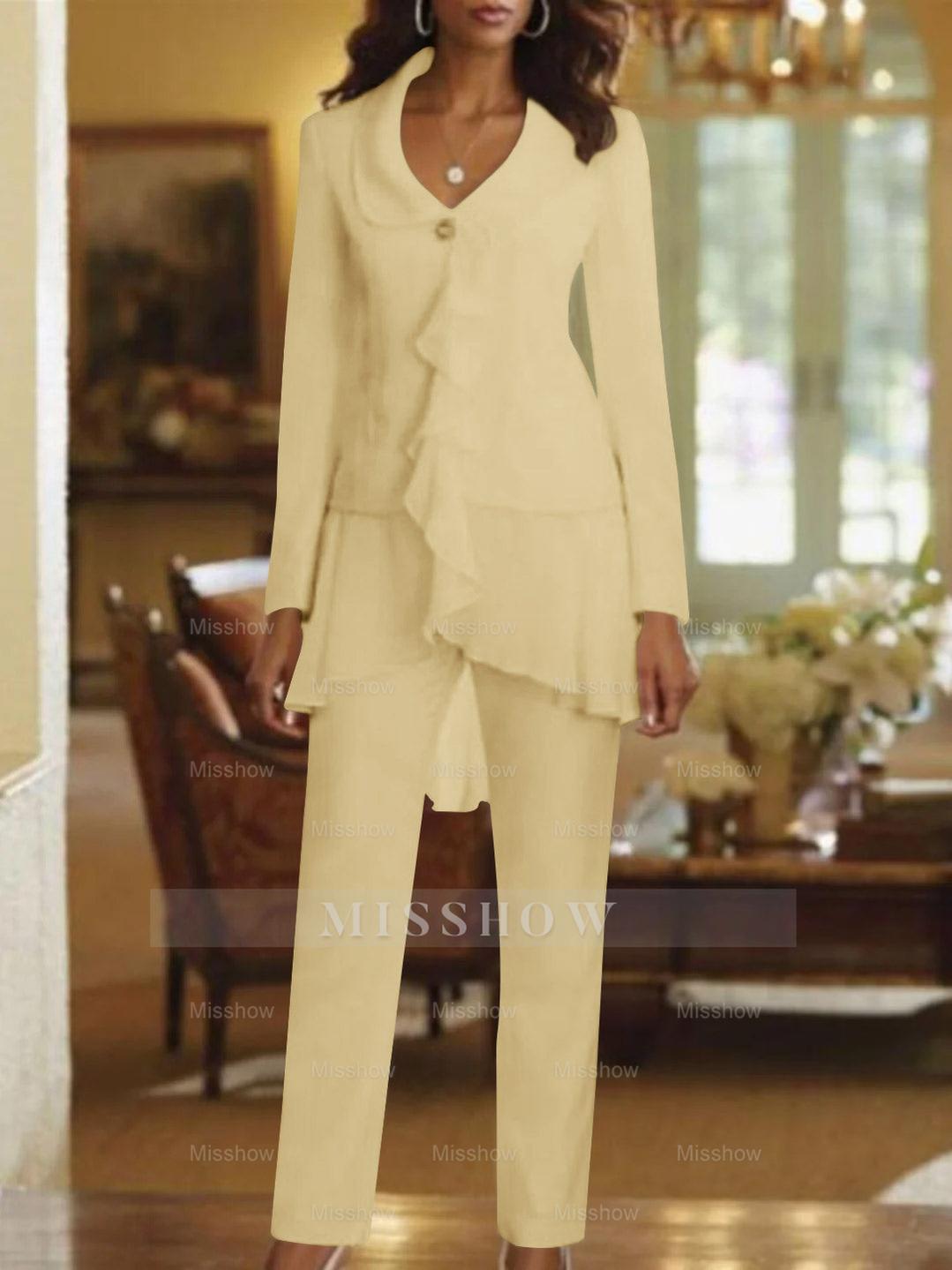Floor-Length White V-Neck Pantsuit With Long Sleeves and Ruffle for Mother of the Bride