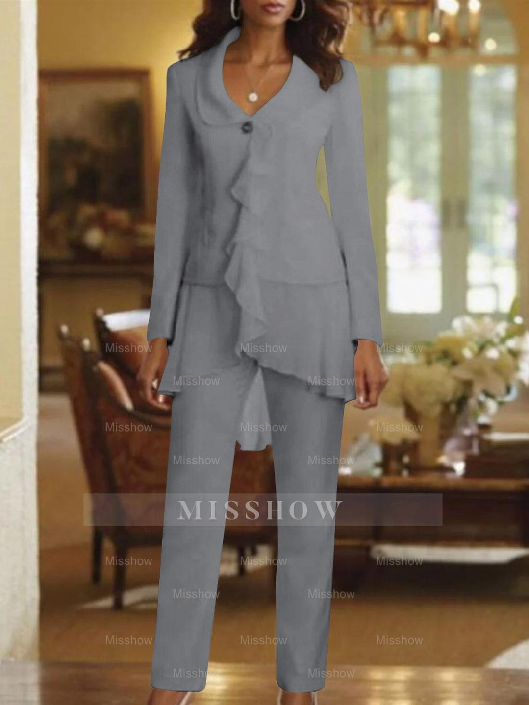 Floor-Length White V-Neck Pantsuit With Long Sleeves and Ruffle for Mother of the Bride