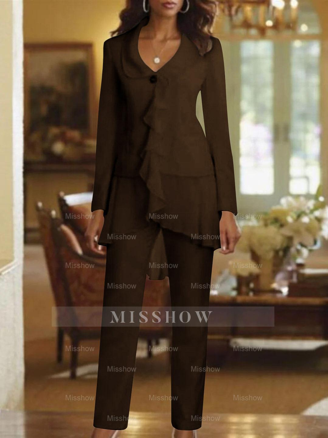 Floor-Length White V-Neck Pantsuit With Long Sleeves and Ruffle for Mother of the Bride