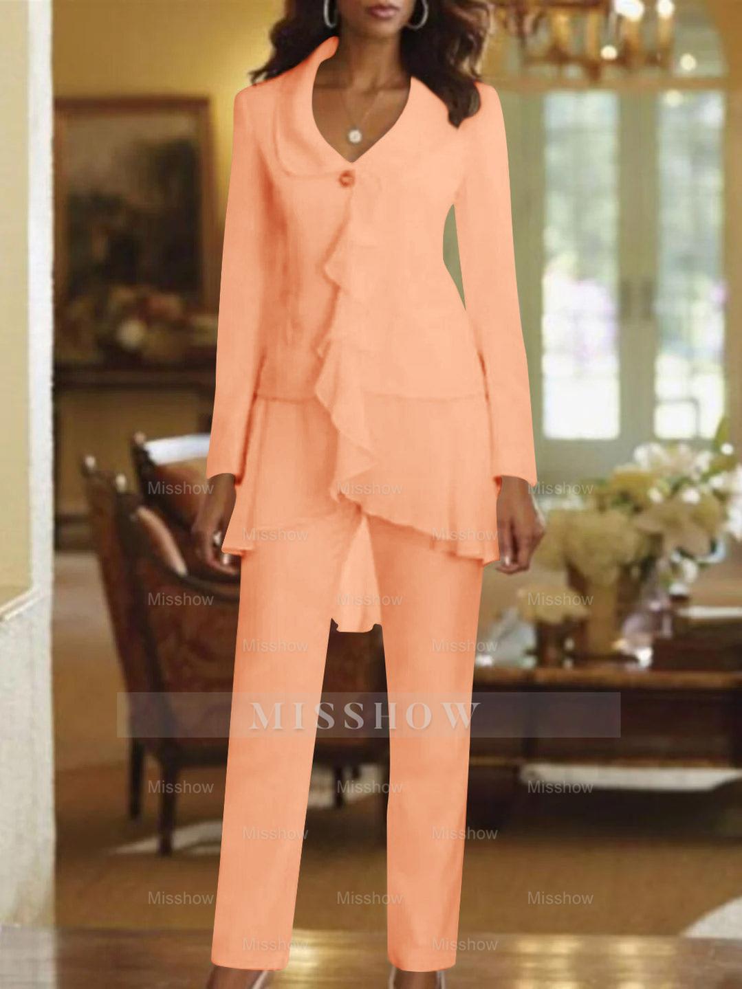 Floor-Length White V-Neck Pantsuit With Long Sleeves and Ruffle for Mother of the Bride