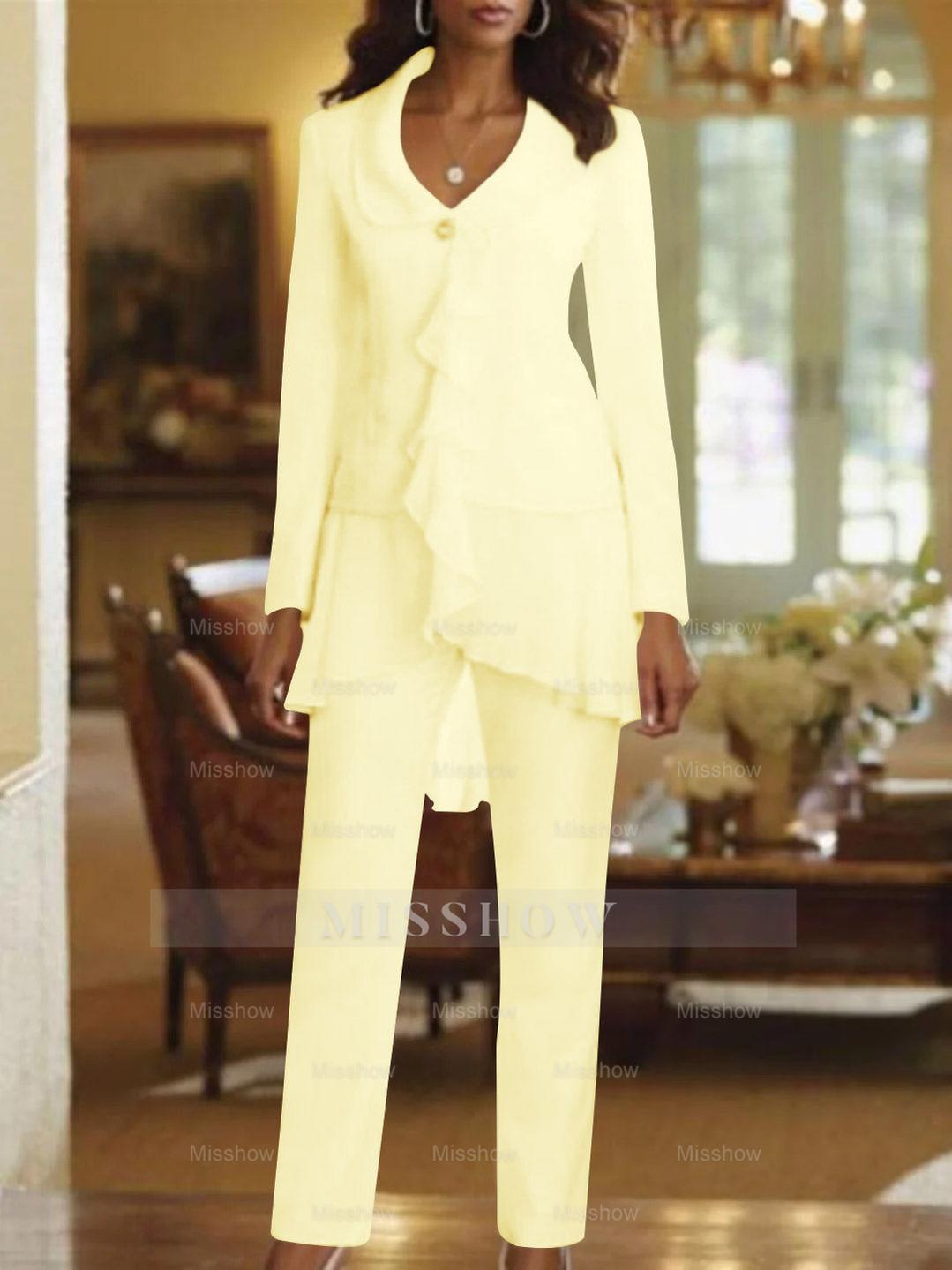 Floor-Length White V-Neck Pantsuit With Long Sleeves and Ruffle for Mother of the Bride
