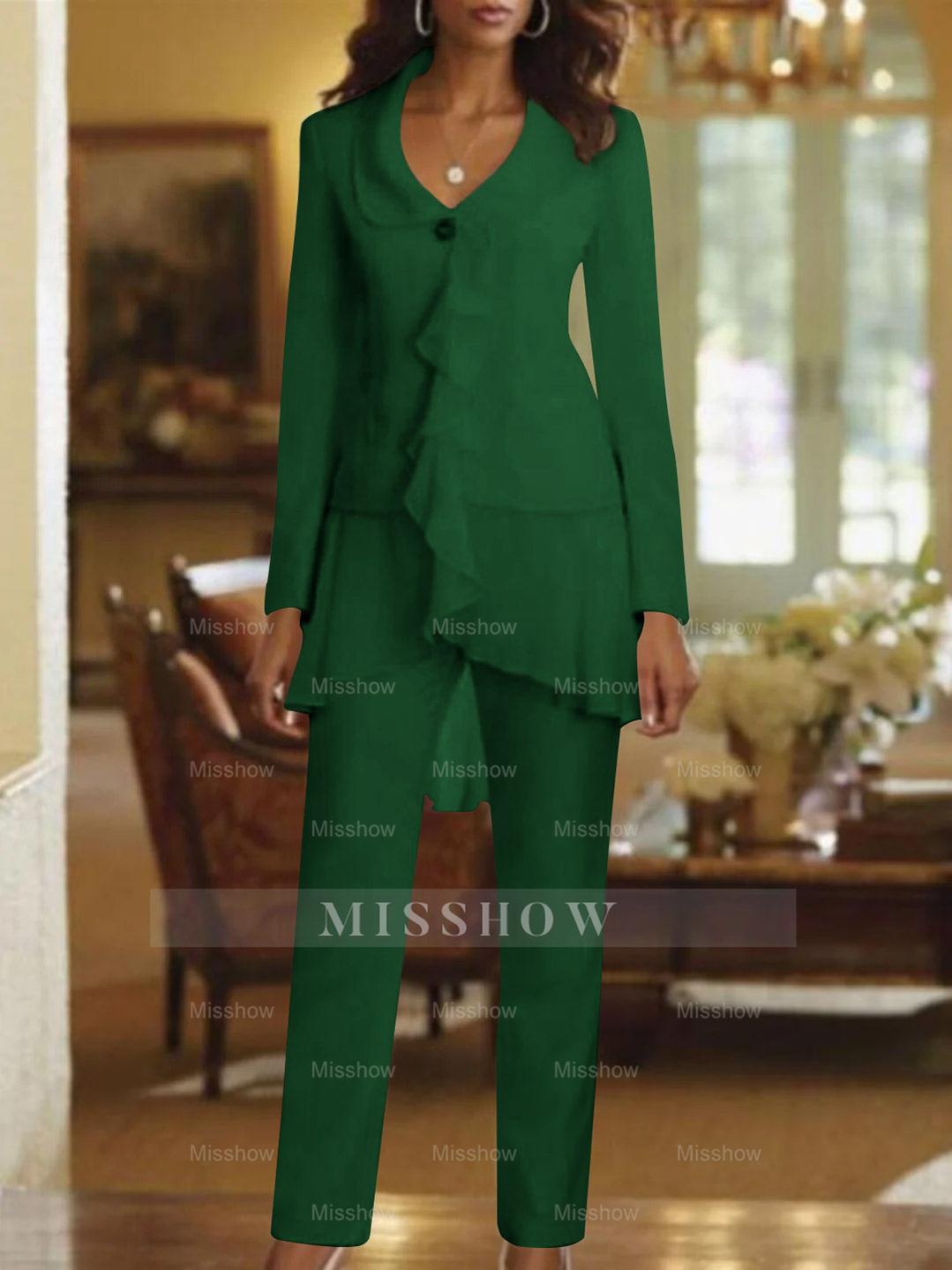 Floor-Length White V-Neck Pantsuit With Long Sleeves and Ruffle for Mother of the Bride