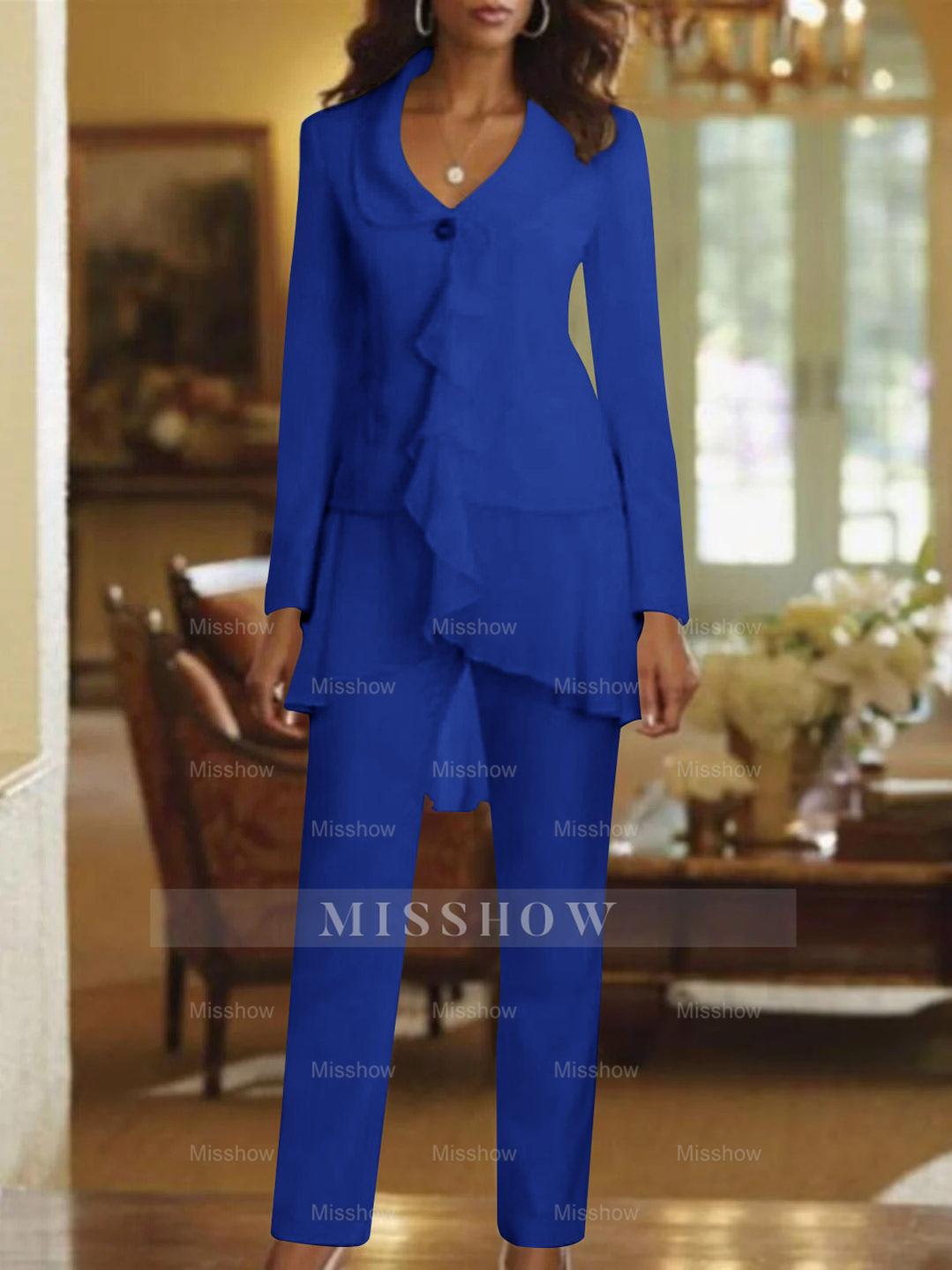 Floor-Length White V-Neck Pantsuit With Long Sleeves and Ruffle for Mother of the Bride