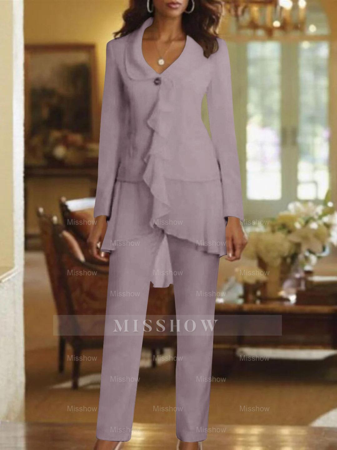 Floor-Length White V-Neck Pantsuit With Long Sleeves and Ruffle for Mother of the Bride