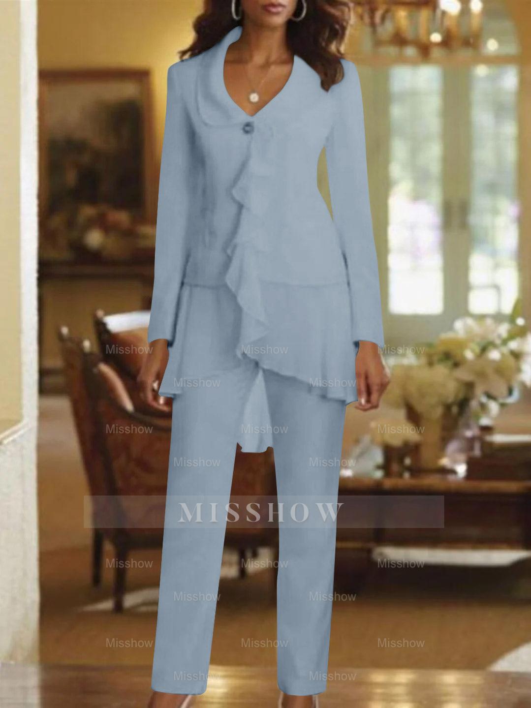 Floor-Length White V-Neck Pantsuit With Long Sleeves and Ruffle for Mother of the Bride