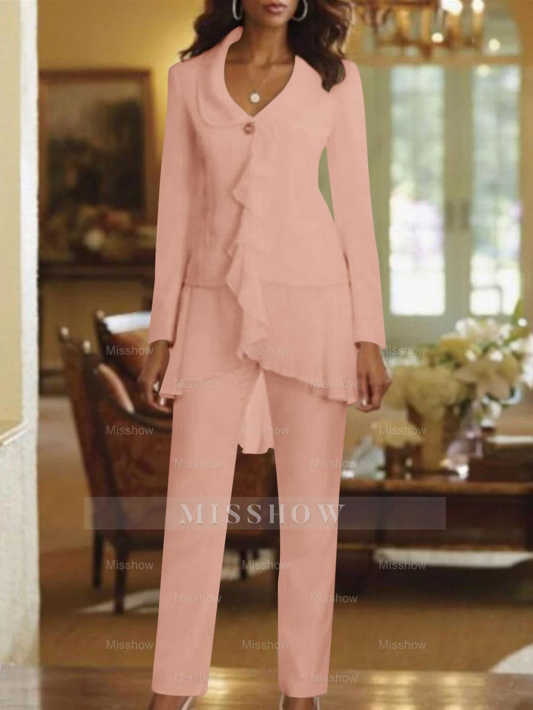 Floor-Length White V-Neck Pantsuit With Long Sleeves and Ruffle for Mother of the Bride
