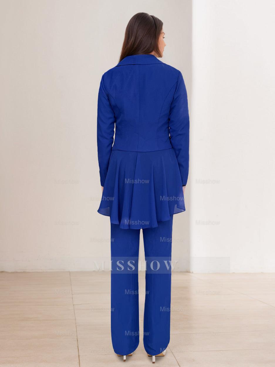 Floor-Length White V-Neck Pantsuit With Long Sleeves and Ruffle for Mother of the Bride