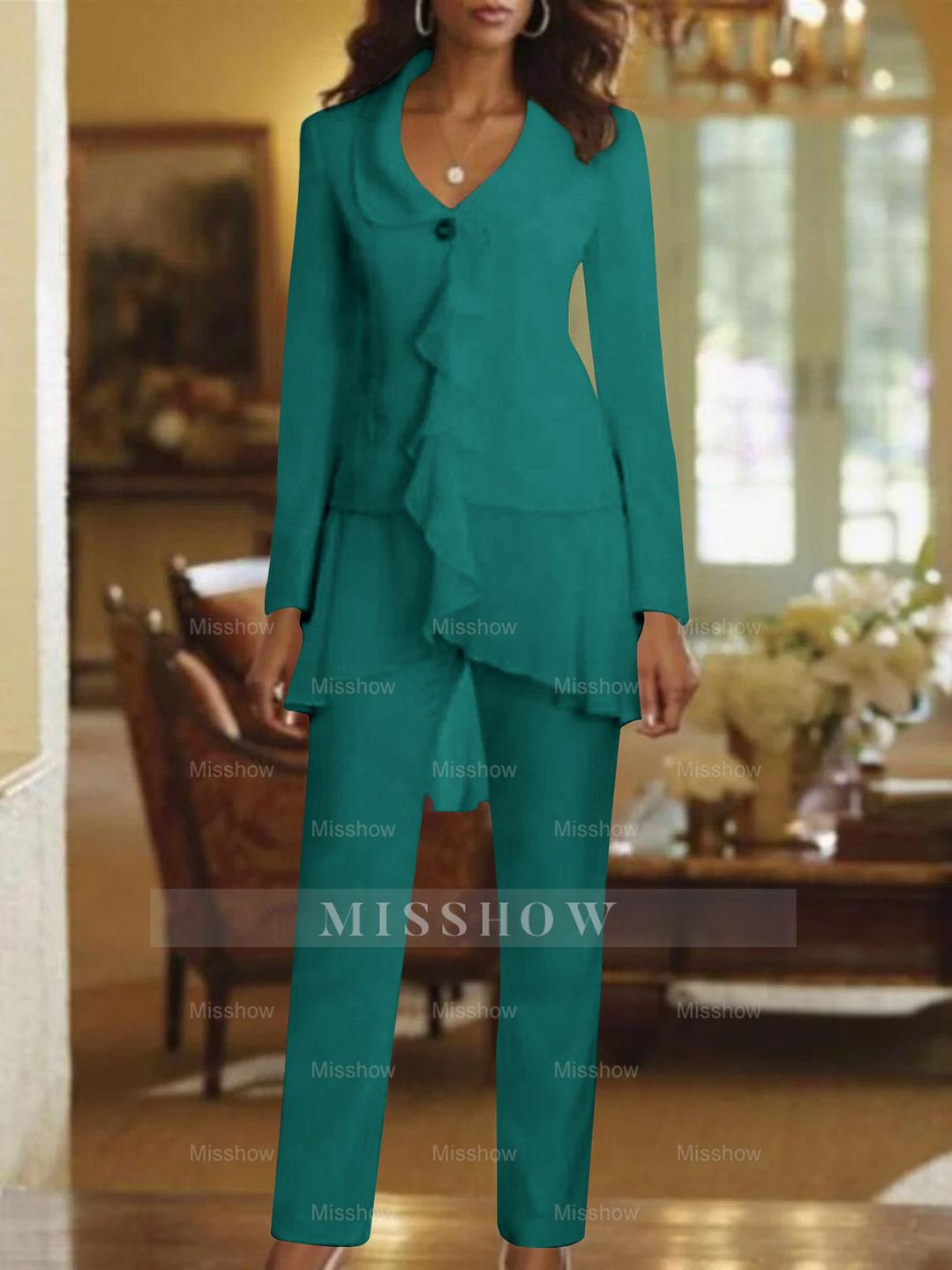 Floor-Length White V-Neck Pantsuit With Long Sleeves and Ruffle for Mother of the Bride