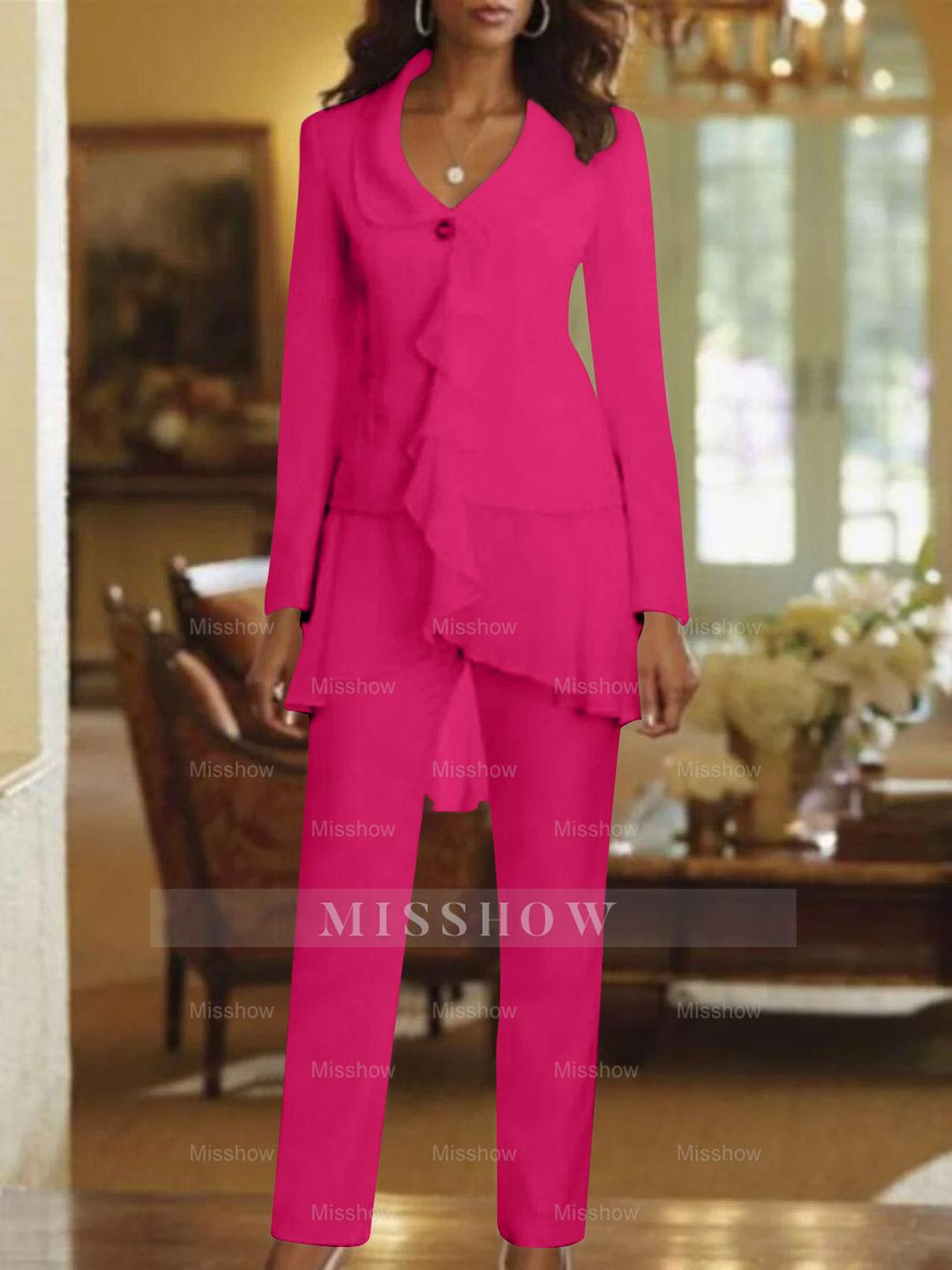 Floor-Length White V-Neck Pantsuit With Long Sleeves and Ruffle for Mother of the Bride