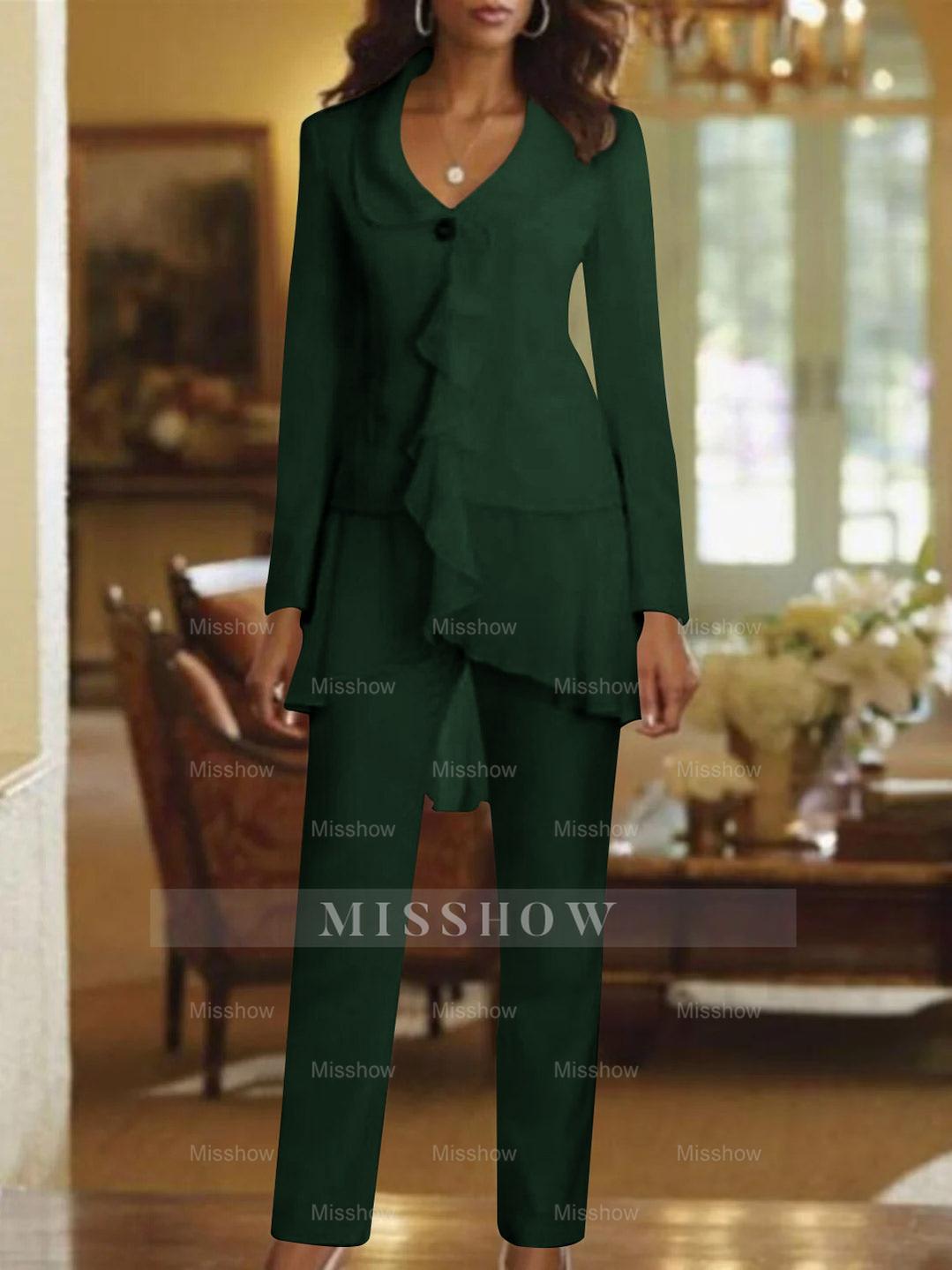 Floor-Length White V-Neck Pantsuit With Long Sleeves and Ruffle for Mother of the Bride