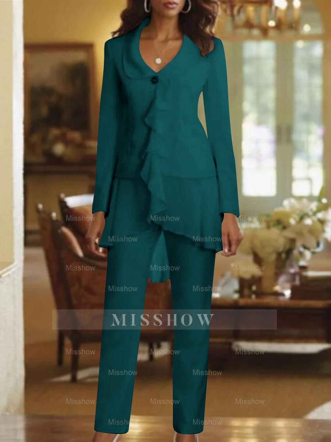 Floor-Length White V-Neck Pantsuit With Long Sleeves and Ruffle for Mother of the Bride