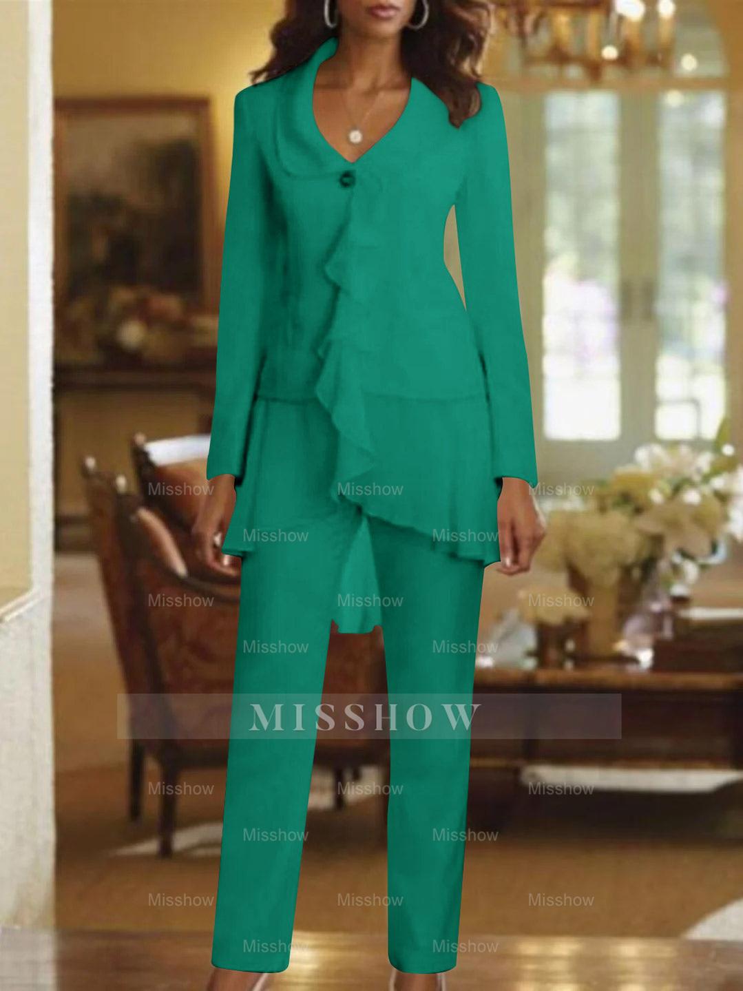 Floor-Length White V-Neck Pantsuit With Long Sleeves and Ruffle for Mother of the Bride