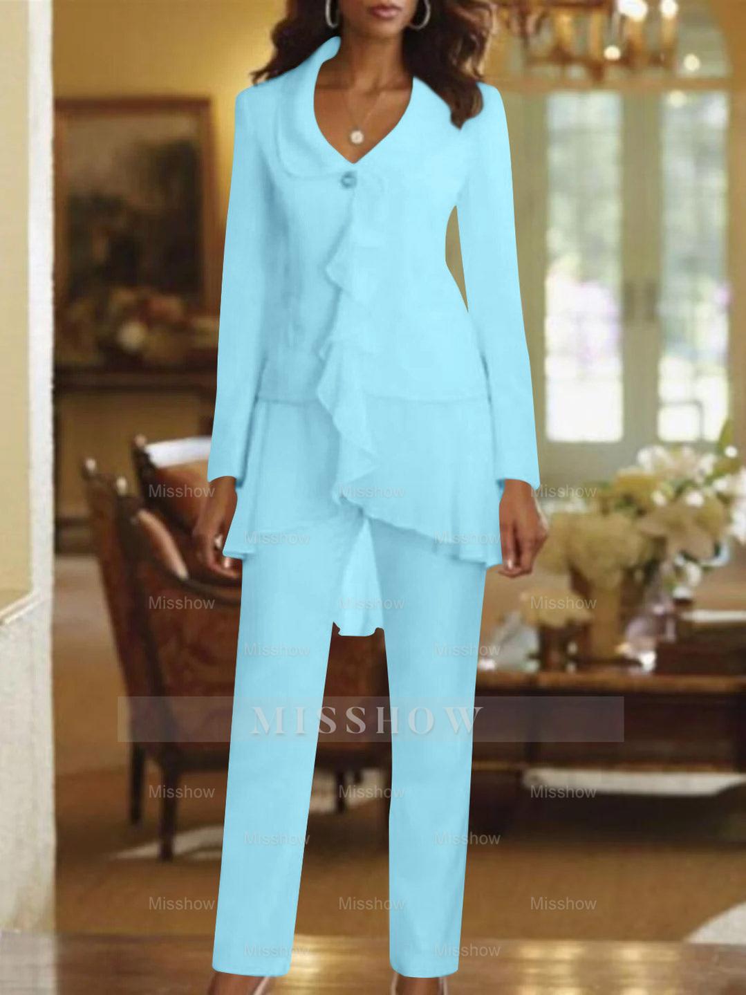 Floor-Length White V-Neck Pantsuit With Long Sleeves and Ruffle for Mother of the Bride