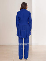 Floor-Length White V-Neck Pantsuit With Long Sleeves and Ruffle for Mother of the Bride