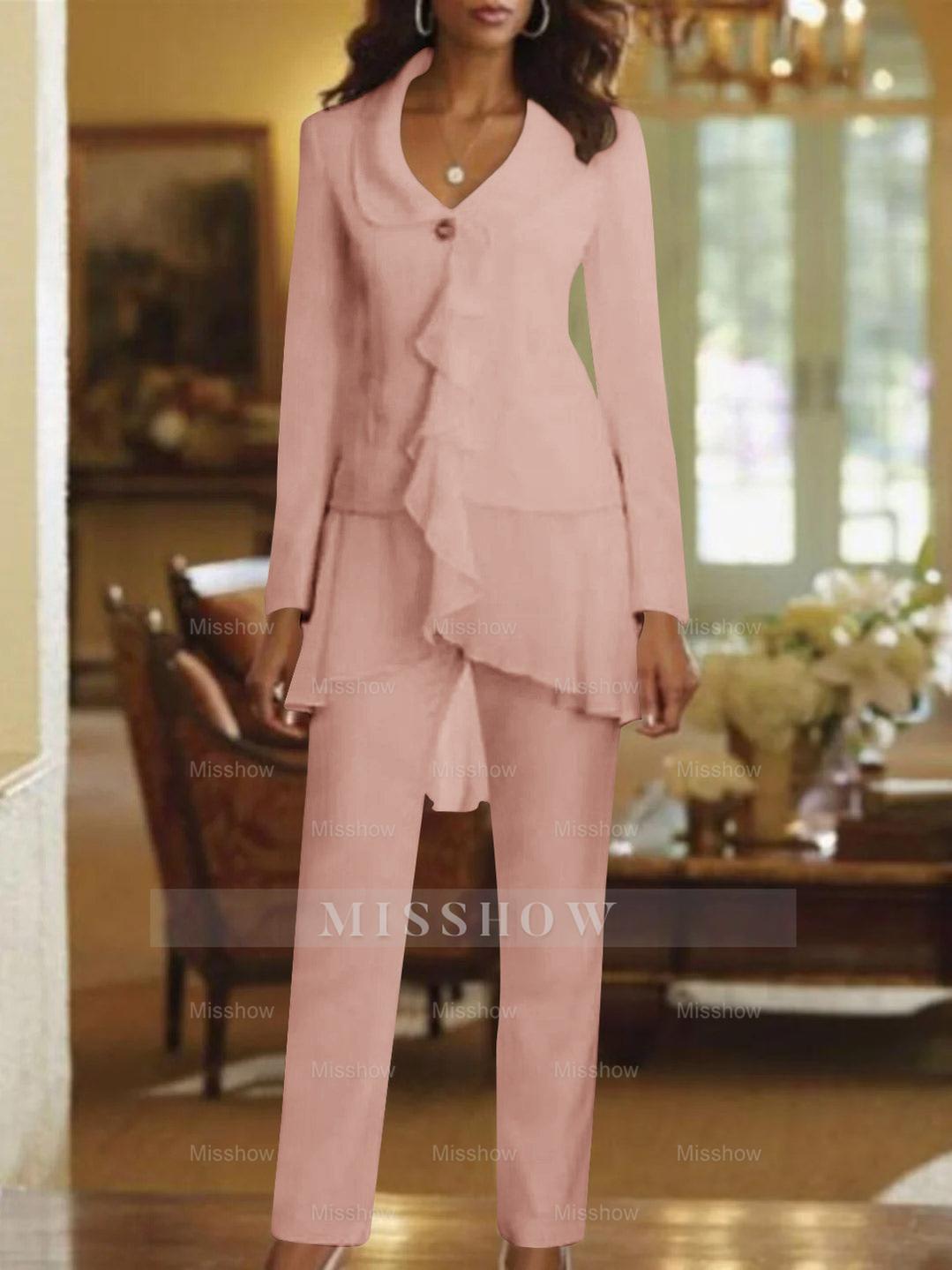 Floor-Length White V-Neck Pantsuit With Long Sleeves and Ruffle for Mother of the Bride