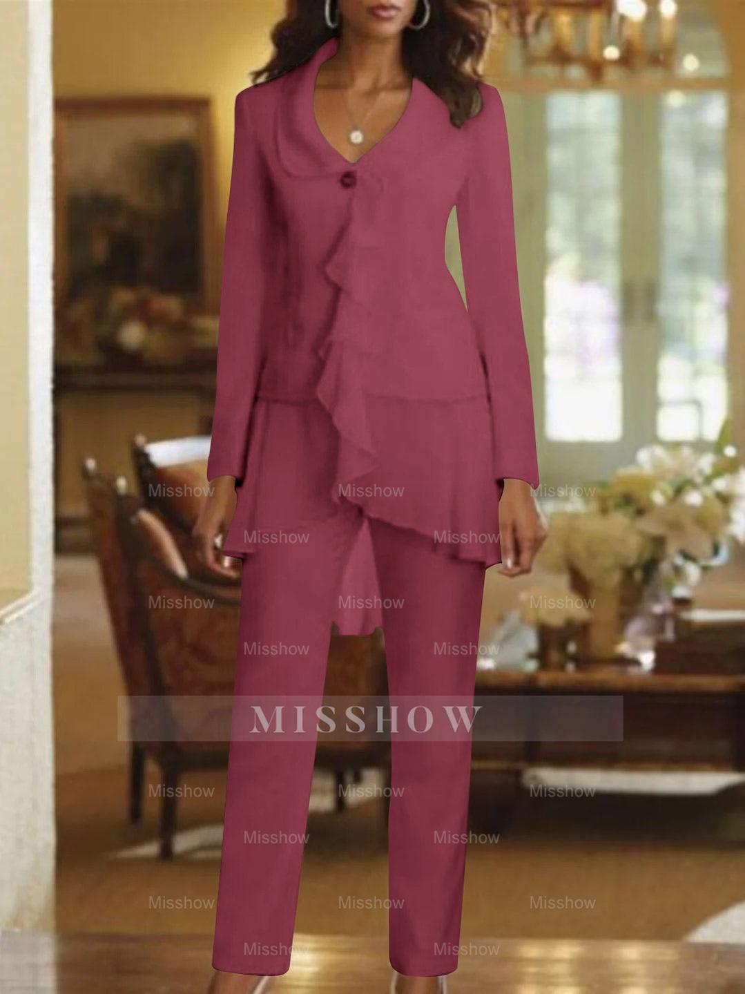 Floor-Length White V-Neck Pantsuit With Long Sleeves and Ruffle for Mother of the Bride