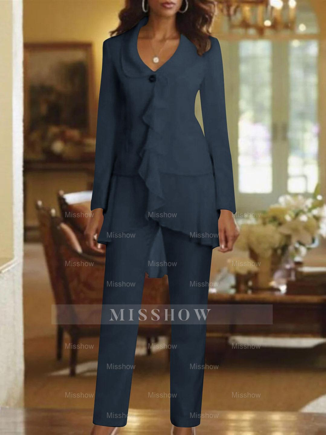 Floor-Length White V-Neck Pantsuit With Long Sleeves and Ruffle for Mother of the Bride