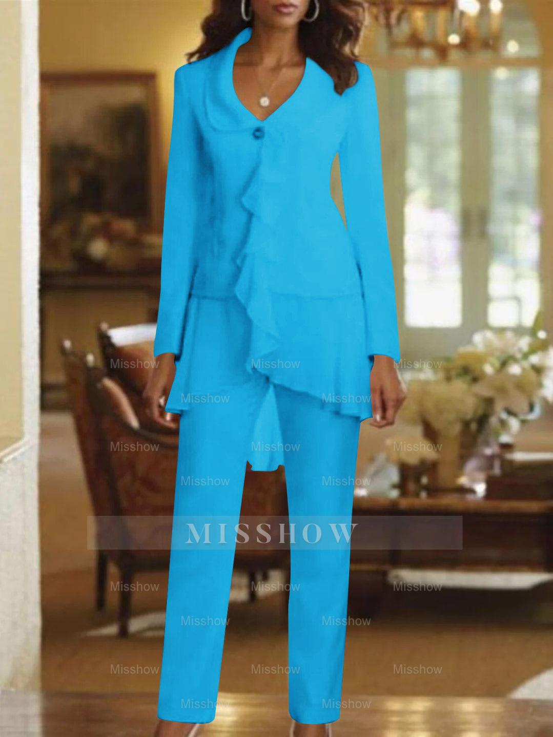 Floor-Length White V-Neck Pantsuit With Long Sleeves and Ruffle for Mother of the Bride