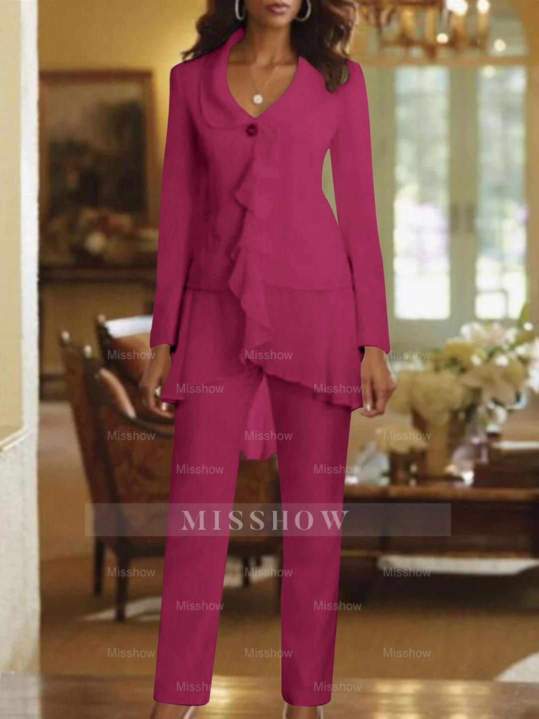 Floor-Length White V-Neck Pantsuit With Long Sleeves and Ruffle for Mother of the Bride