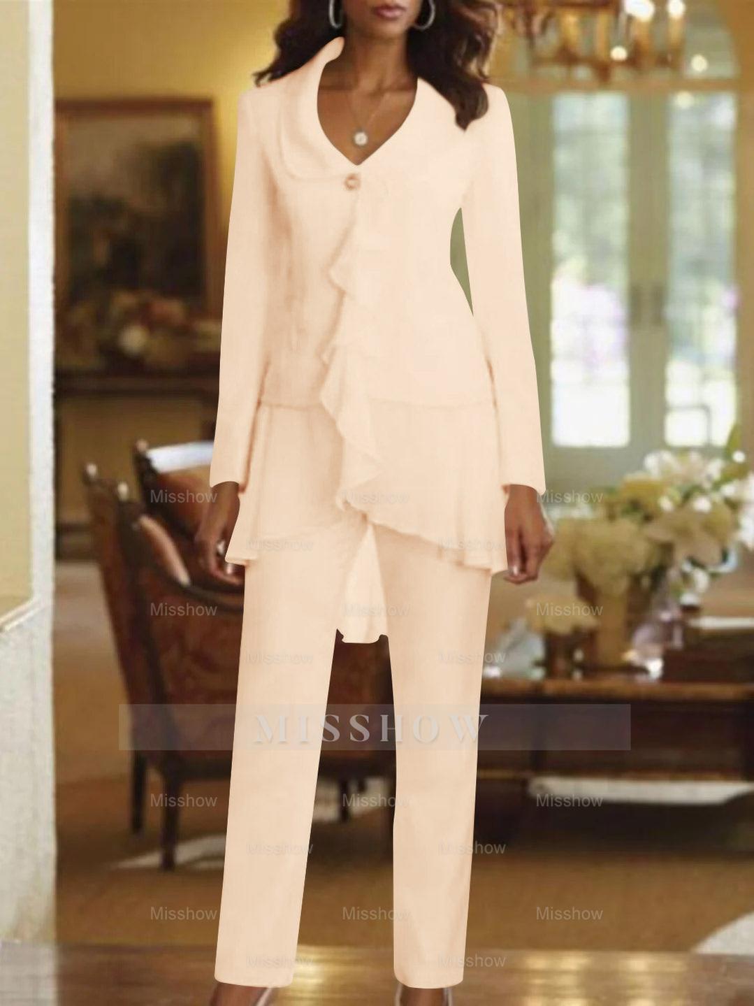 Floor-Length White V-Neck Pantsuit With Long Sleeves and Ruffle for Mother of the Bride