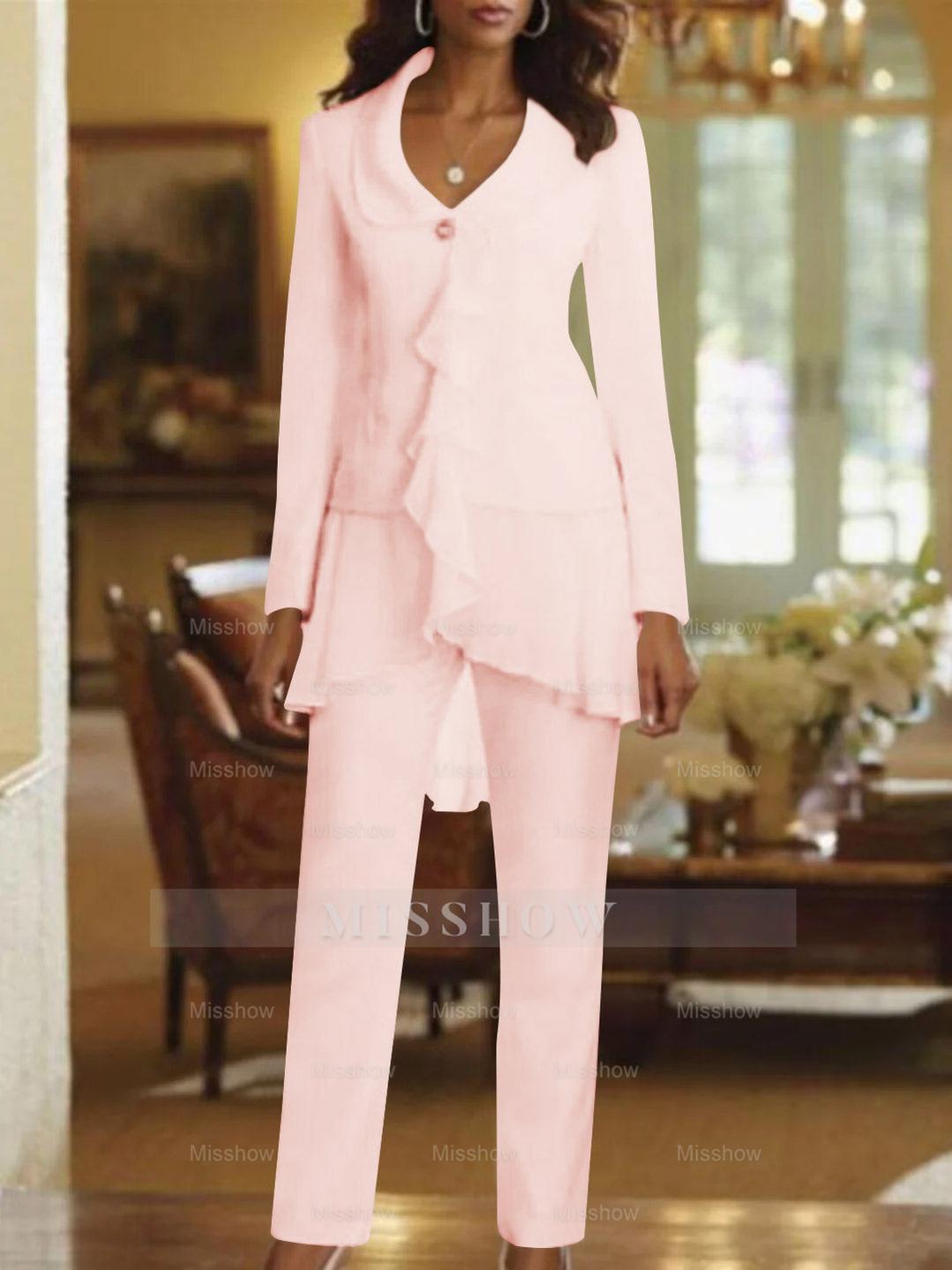 Floor-Length White V-Neck Pantsuit With Long Sleeves and Ruffle for Mother of the Bride