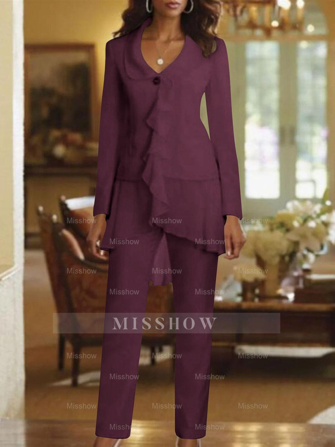 Floor-Length White V-Neck Pantsuit With Long Sleeves and Ruffle for Mother of the Bride