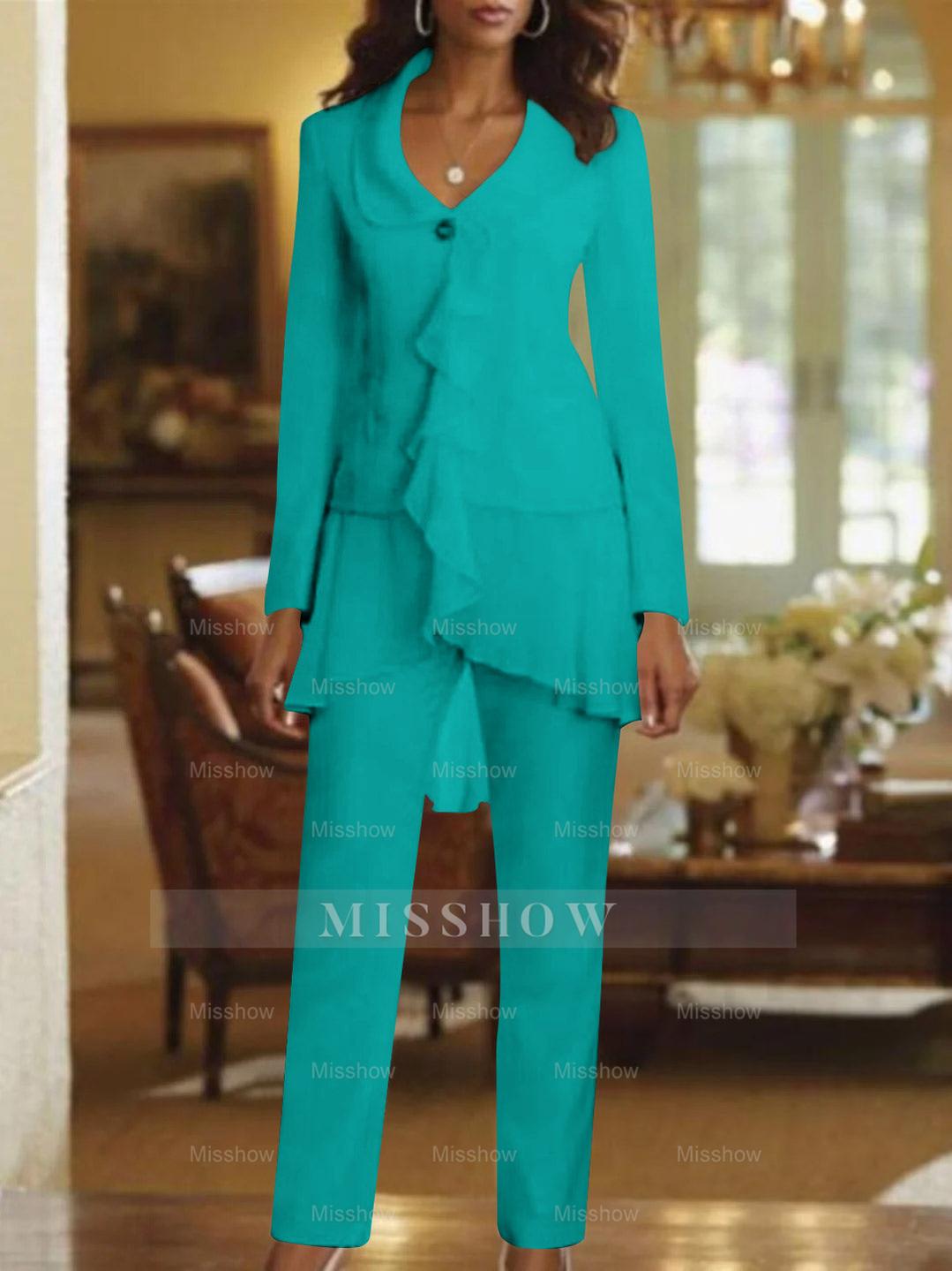 Floor-Length White V-Neck Pantsuit With Long Sleeves and Ruffle for Mother of the Bride