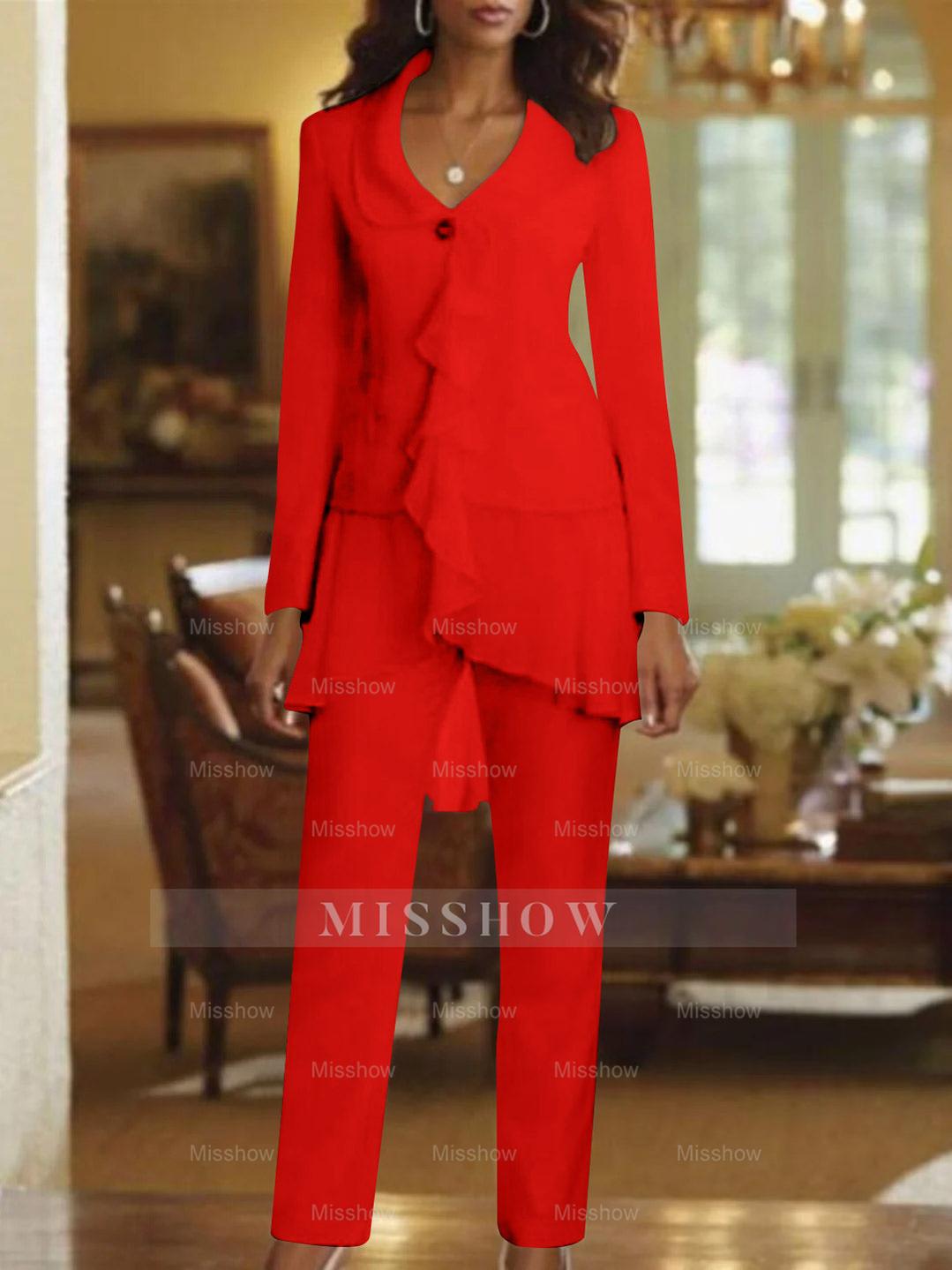 Floor-Length White V-Neck Pantsuit With Long Sleeves and Ruffle for Mother of the Bride