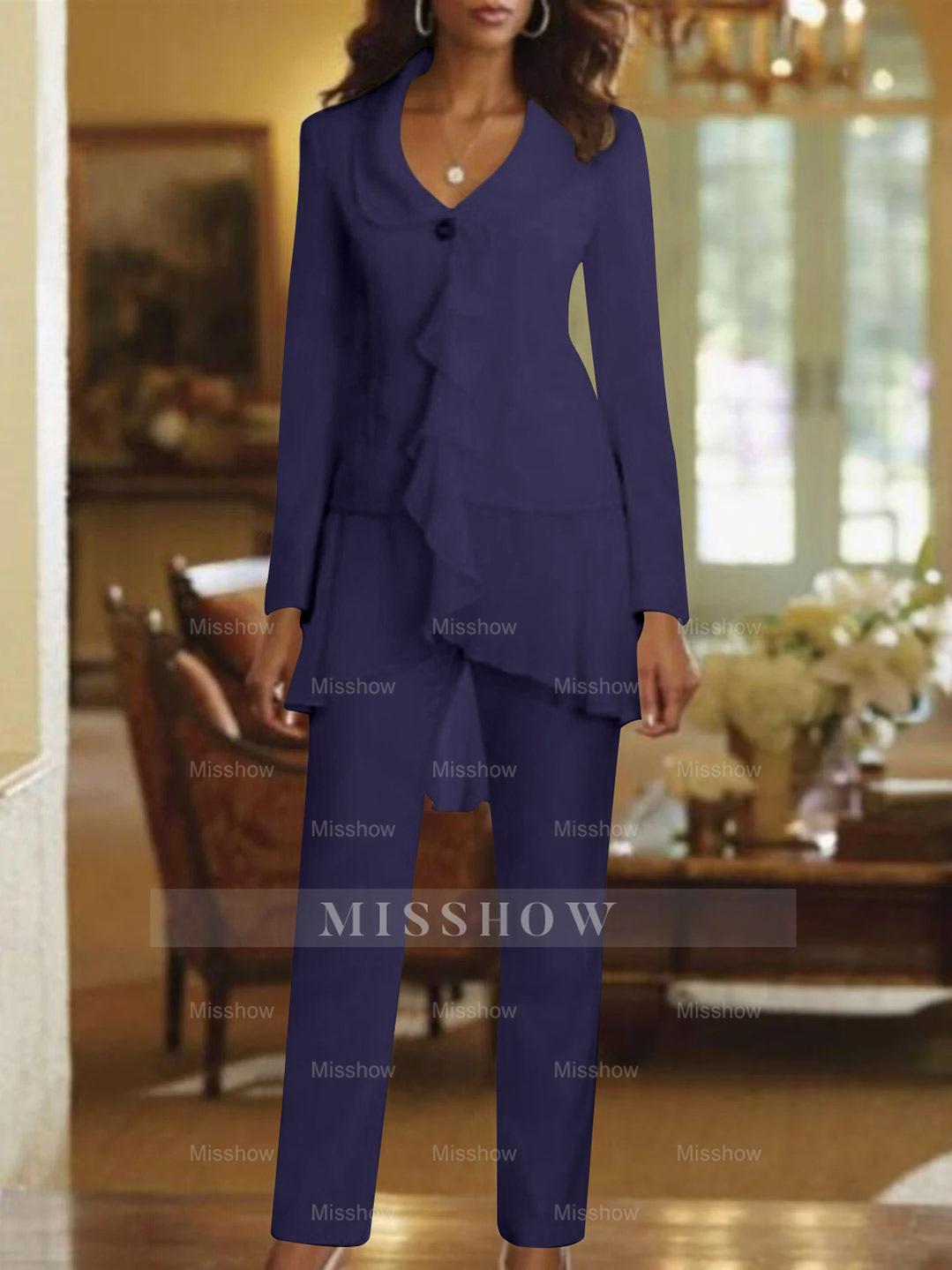 Floor-Length White V-Neck Pantsuit With Long Sleeves and Ruffle for Mother of the Bride